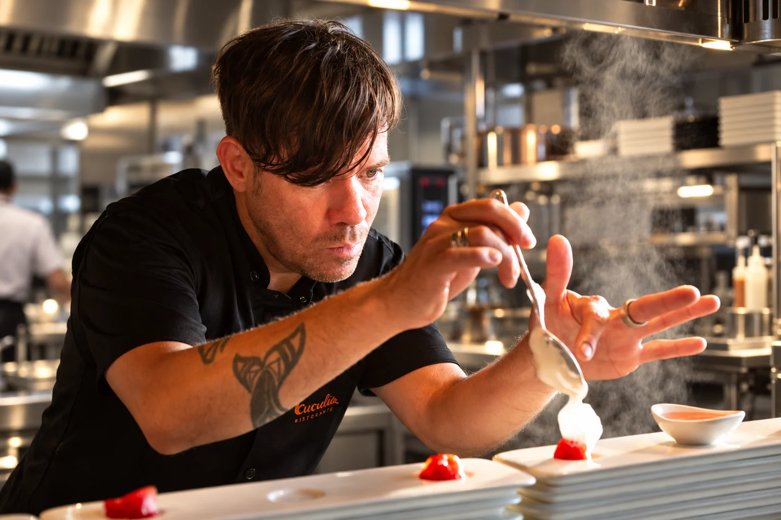 Lo chef Oliver Betancourt durante l’impiattamento
